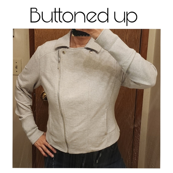 H by HALSTON- Gray Zip-Up Moto Sweater Jacket,  Size 12 - Picture 10 of 13